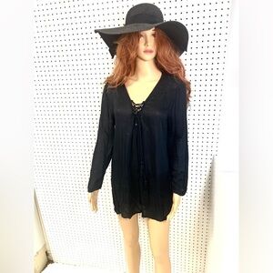 Billabong Women's Boho Black Lace-Up Tassel Front Beach Cover Up Tunic Dress M